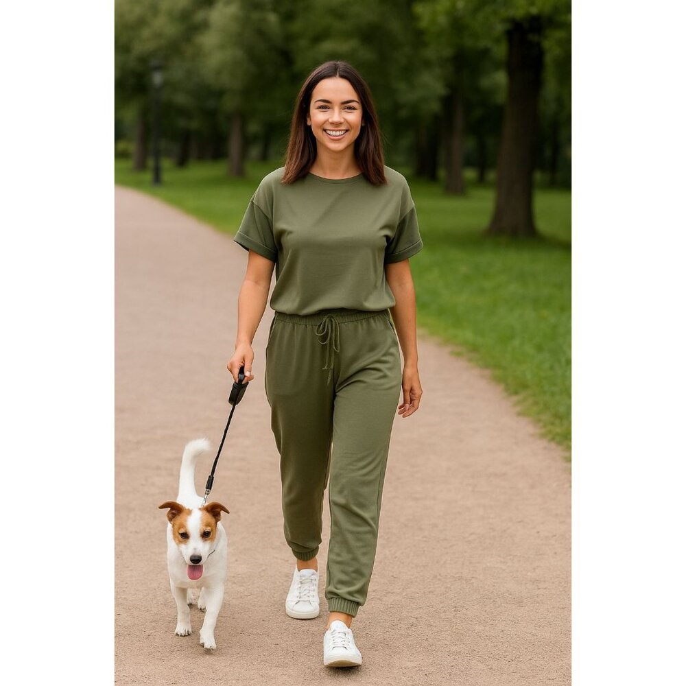 Womens Olive Activewear Set - T-Shirt & Joggers - 100% Polyester - Elastic Large